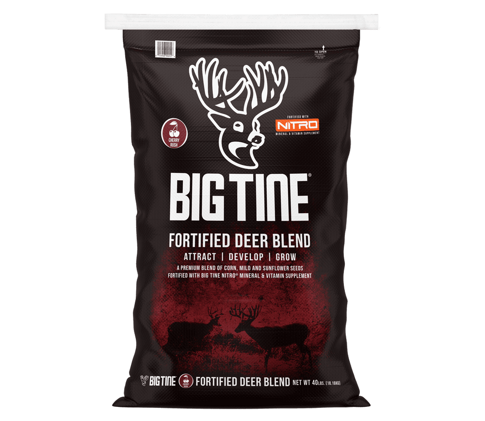 Big Tine Fortified Deer Blend Cherry 40 lb bag with red and white packaging