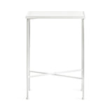 Minimalist white slim side table with a square perforated top and slender metal legs crossed at the base for support, shown front-facing on white background.
