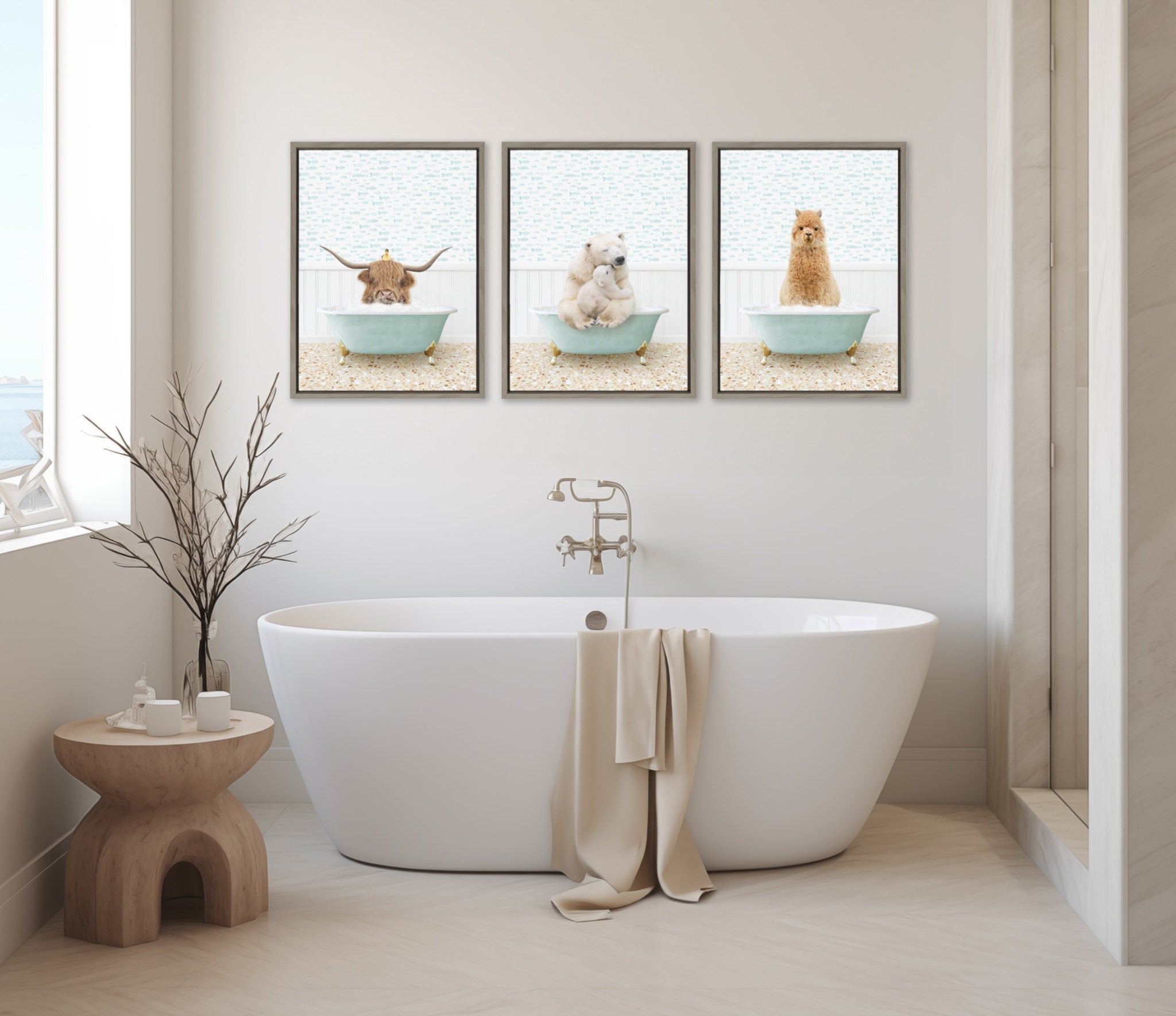 Sylvie Highland Cow and Duckling in Little Fish Bath Framed Canvas by Amy Peterson Art Studio