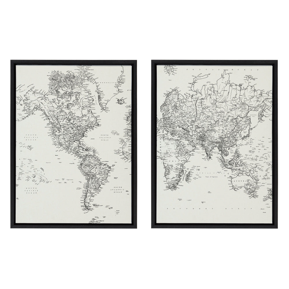 Sylvie Vintage Black and White World Map Framed Canvas Set by kateandlaurel - main product image for Resin Society