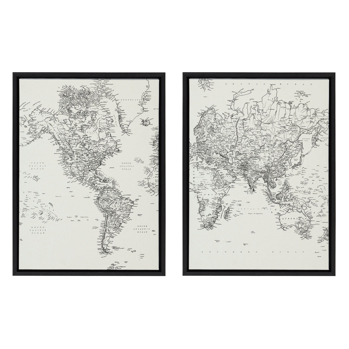 Sylvie Vintage Black and White World Map Framed Canvas Set by kateandlaurel - main product image for Resin Society