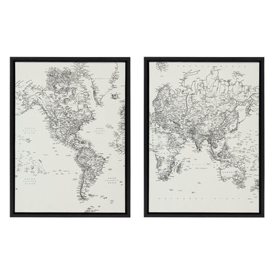 Sylvie Vintage Black and White World Map Framed Canvas Set by kateandlaurel - main product image for Resin Society