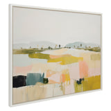 Abstract landscape painting with soft pastel hues of pink, yellow, green, and gray, featuring small tree-like shapes and misty hills in the background, framed in white.