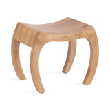 Curved wooden stool with a scooped seat and four outward-curving legs in a natural wood finish, shown against a white background.