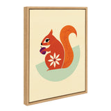 Illustration of a stylized orange squirrel holding a purple acorn, with a white flower detail on its body, set against a beige background with a pale green shape.