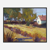 Impressionistic autumn landscape painting featuring a sunlit golden field, dense trees with green and orange foliage, and a white house with a red roof under a blue sky.