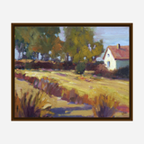 Impressionistic canvas painting of a sunlit rural scene with yellow fields, trees with autumn foliage, and a white house with a red roof under a pale blue sky.