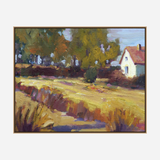 Impressionistic autumn landscape with golden fields, dense green and brown trees, and a small white house with a red roof under a pale blue sky.