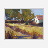 Impressionist-style painting of a countryside scene with a white house featuring a red roof set against a backdrop of trees and a field with golden brown and green tones under a soft sky.