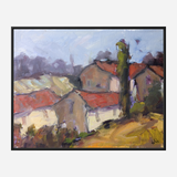 Impressionist painting of a French farmhouse cluster with red roofs and beige walls, set against a muted landscape with a tall green tree in the foreground.