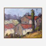Impressionistic painting of a French farmhouse scene with red-tiled roofs, beige walls, a tall green tree, and a soft blue sky in the background.