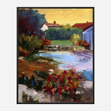 Impressionist painting of a French village pond at sunset, featuring vibrant red flowers in the foreground and white houses with red roofs surrounded by trees.