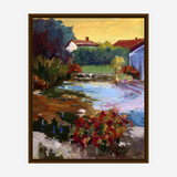 Impressionist-style painting of a village pond reflecting blue and purple hues, surrounded by green trees, red flowers, and houses with red roofs under a golden sky.