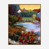 Impressionist-style painting depicting a serene village pond with blue water, surrounded by green foliage and houses with red and white roofs under a pastel yellow sky.
