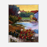 Impressionist painting of a French village with a serene pond reflecting a yellow-orange sky, surrounded by lush greenery and red-roofed houses.