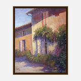 Impressionist painting of a sunlit yellow stucco building with shuttered windows and lush green and purple foliage cascading over the walls under a blue sky.