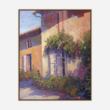 Impressionist-style painting of a sunlit house facade with white shutters and lush green and purple foliage under a clear blue sky.