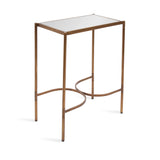 Rectangular side table with a mirrored top and slender antique brass metal legs featuring curved crossbars near the base, shown against a white background.