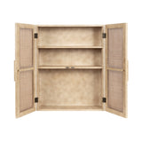Light wood two-door wall cabinet with open rattan-panel doors revealing two shelves inside, shown from the front with a neutral beige finish.