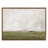 Wide canvas painting of a soft green field under a pale, cloudy beige sky with gentle textured brushstrokes, framed in a simple dark wooden frame.