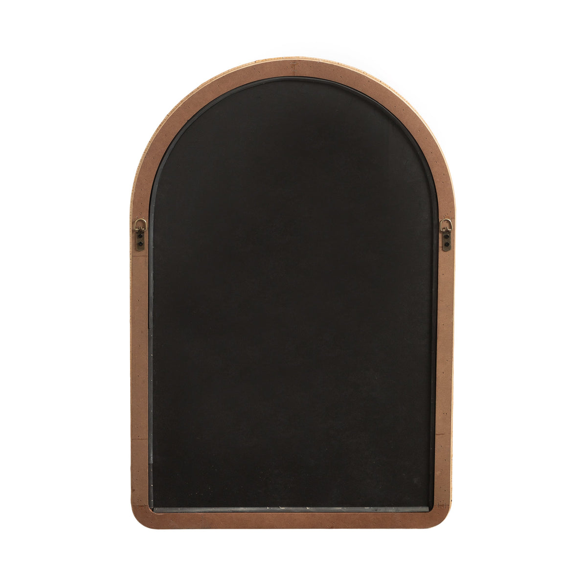 Arched wall mirror with a natural wooden frame featuring small metal bead details along the inner edge, photographed against a white background.