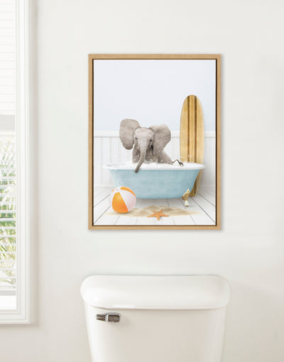 Sylvie Baby Elephant Beach House Bath with Surfboard Framed Canvas by Amy Peterson