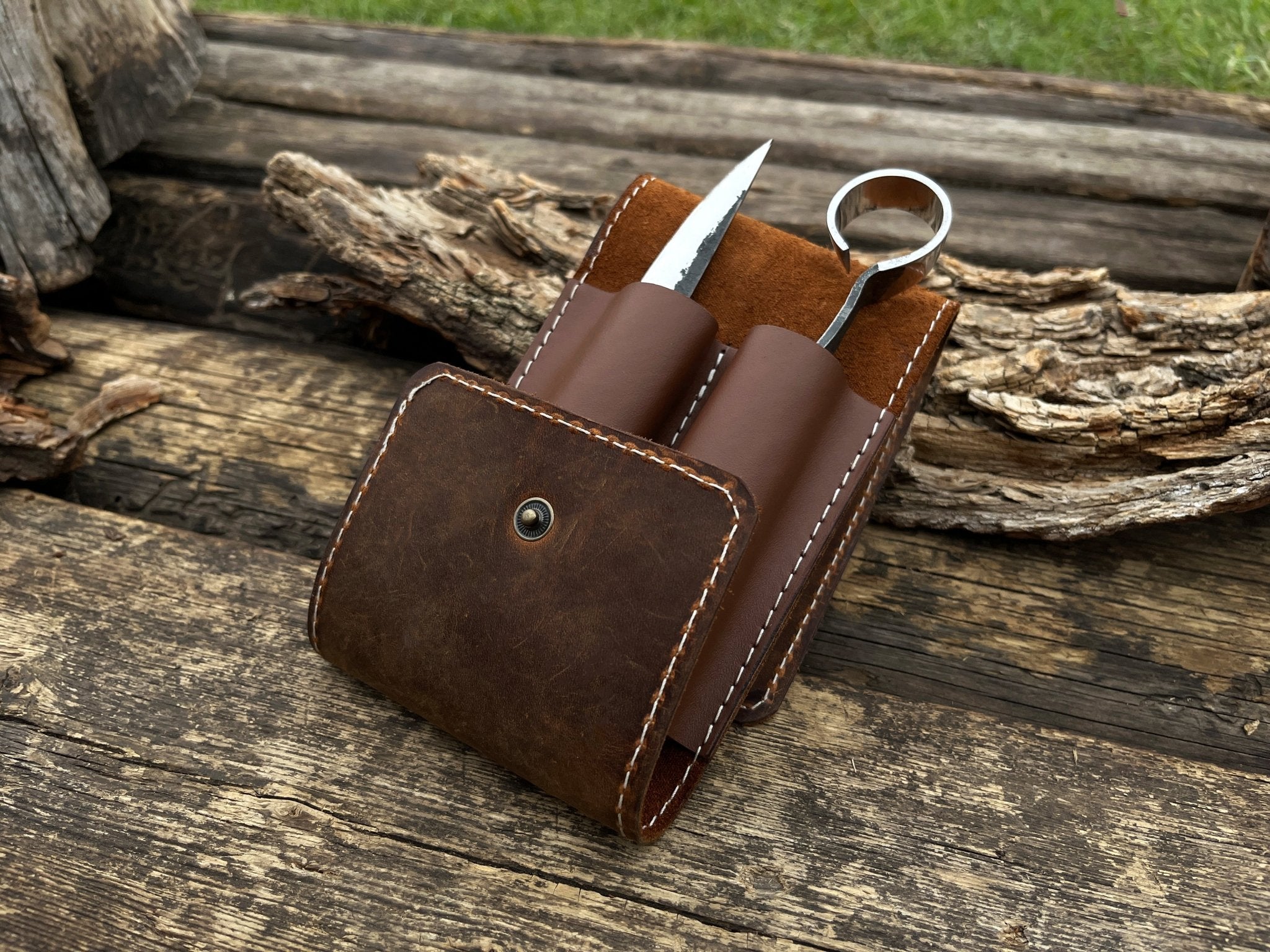 Handmade 2 pocket leather tool case made from Crazy Horse leather by Sharky Forged Steel Tools