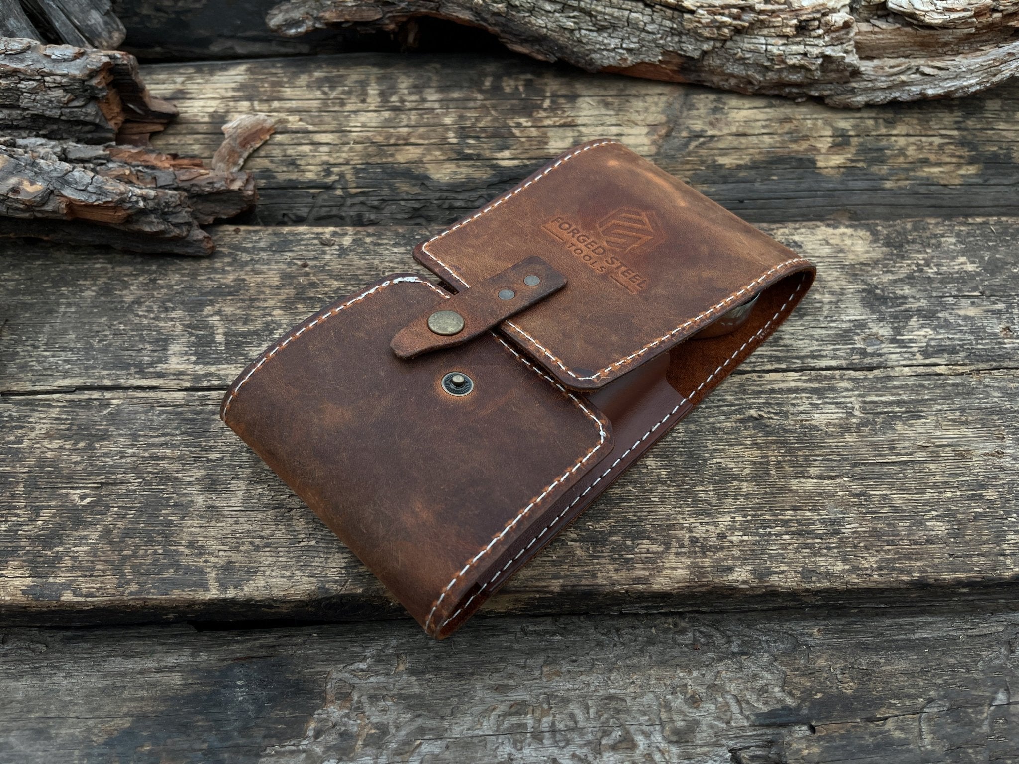 Handmade 2 pocket leather tool case made from Crazy Horse leather by Sharky Forged Steel Tools