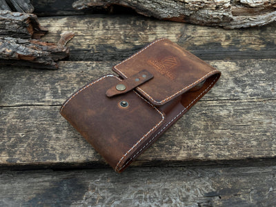 Handmade 2 pocket leather tool case made from Crazy Horse leather by Sharky Forged Steel Tools