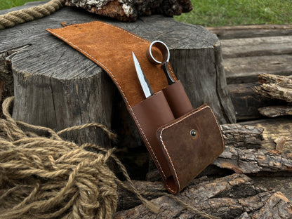 Handmade 2 pocket leather tool case made from Crazy Horse leather by Sharky Forged Steel Tools