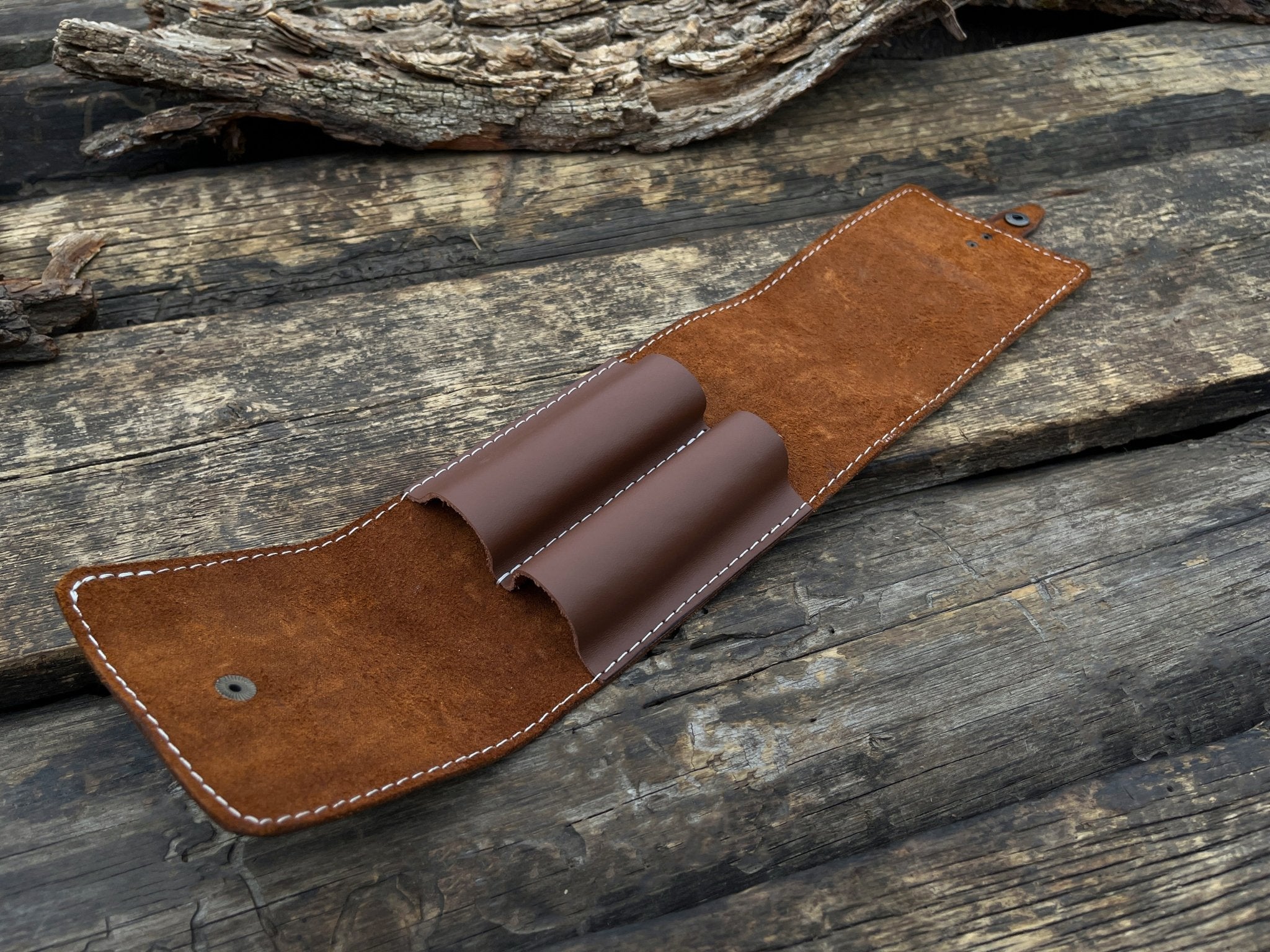Handmade 2 pocket leather tool case made from Crazy Horse leather by Sharky Forged Steel Tools