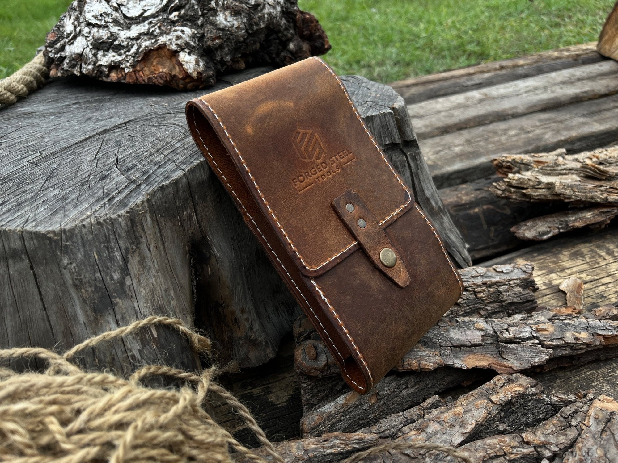 Handmade 2 pocket leather tool case made from Crazy Horse leather by Sharky Forged Steel Tools