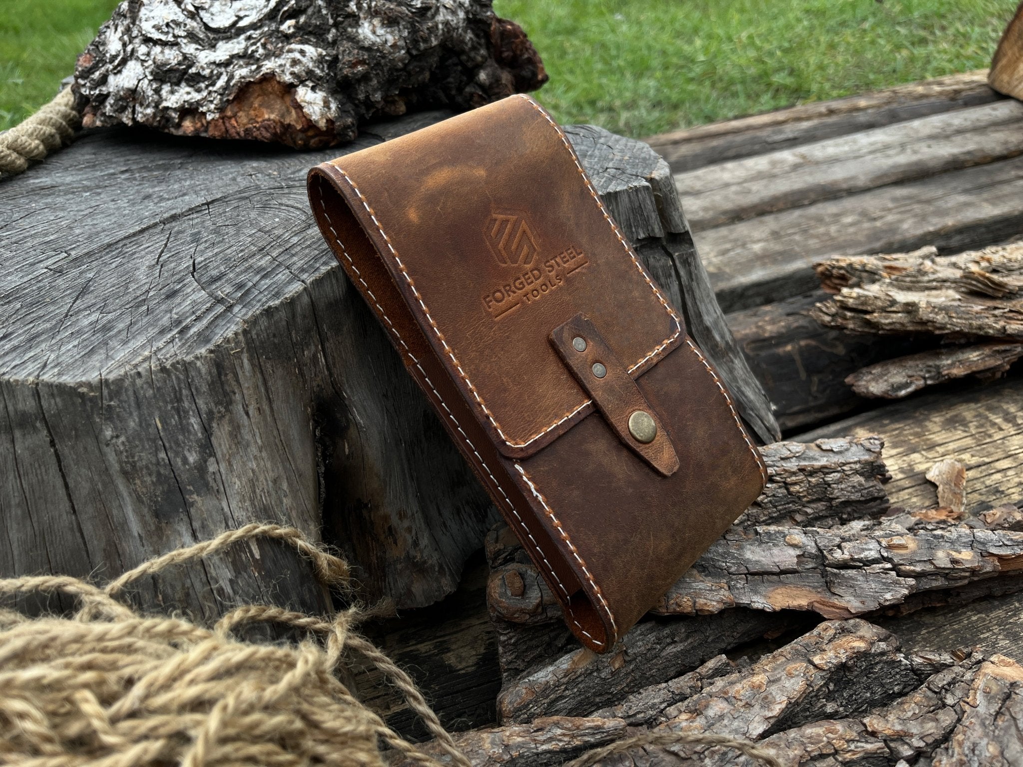 Handmade 2 pocket leather tool case made from Crazy Horse leather by Sharky Forged Steel Tools