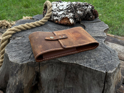 Handmade 2 pocket leather tool case made from Crazy Horse leather by Sharky Forged Steel Tools