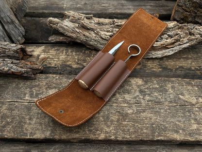 Handmade 2 pocket leather tool case made from Crazy Horse leather by Sharky Forged Steel Tools