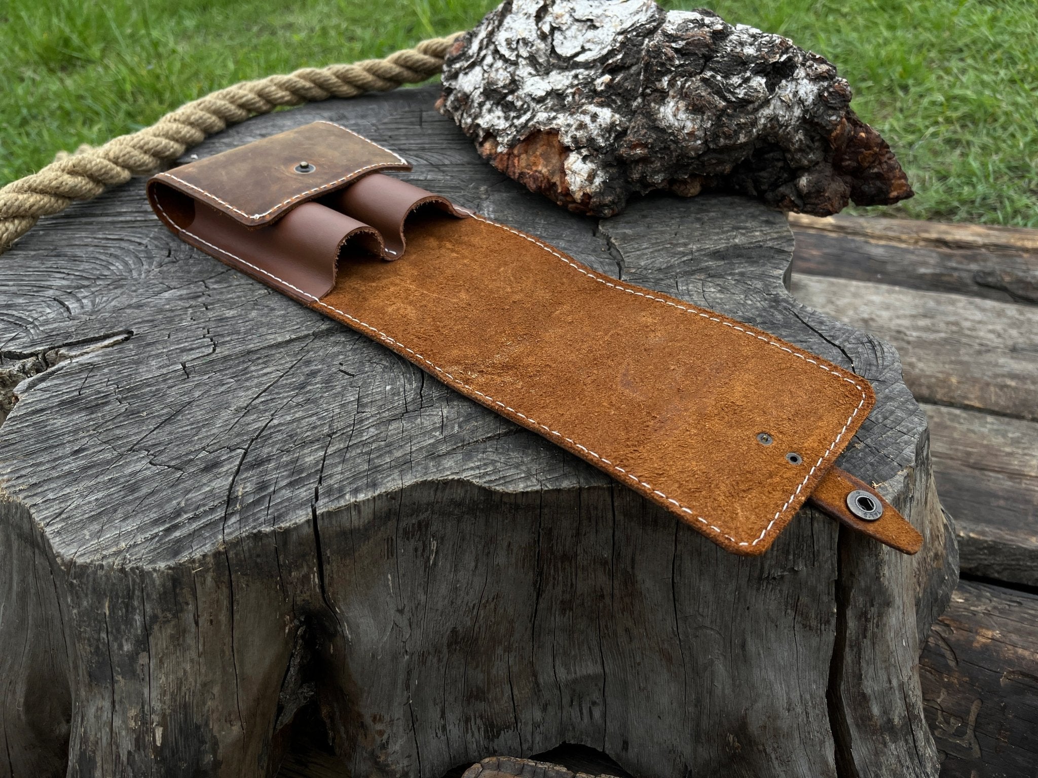 Handmade 2 pocket leather tool case made from Crazy Horse leather by Sharky Forged Steel Tools