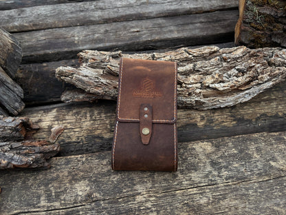 Handmade 2 pocket leather tool case made from Crazy Horse leather by Sharky Forged Steel Tools