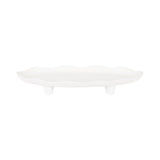 Oval white decorative tray with scalloped edges and three short cylindrical legs, shown from the side on a white background.