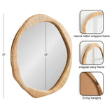 Irregular round wall mirror with a natural rattan wrapped frame featuring a wavy edge, shown with close-ups of texture and D-ring hanging hardware.