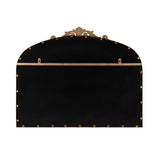 Arched black pinboard with a decorative gold-toned metal frame featuring intricate top detailing and an array of evenly spaced rivets along the edges.
