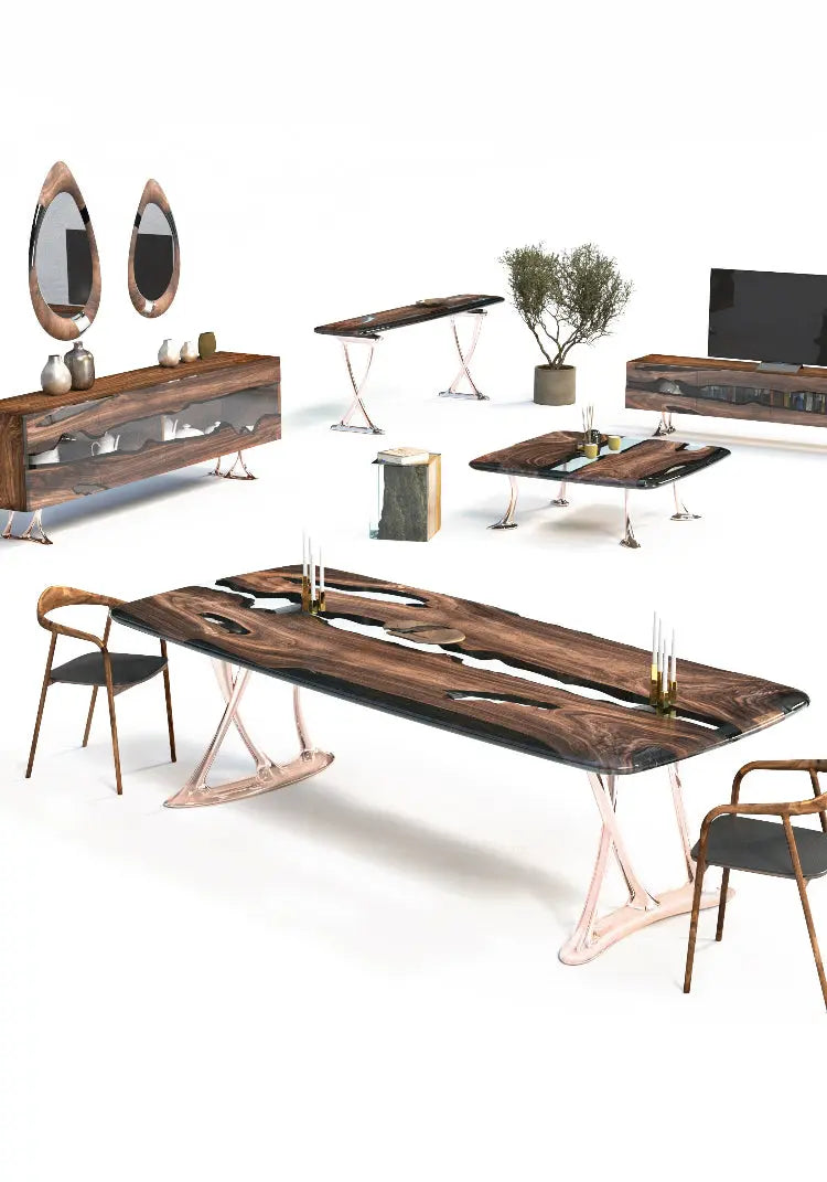 Osso collection resin credenza sideboard with walnut doors and resin accents