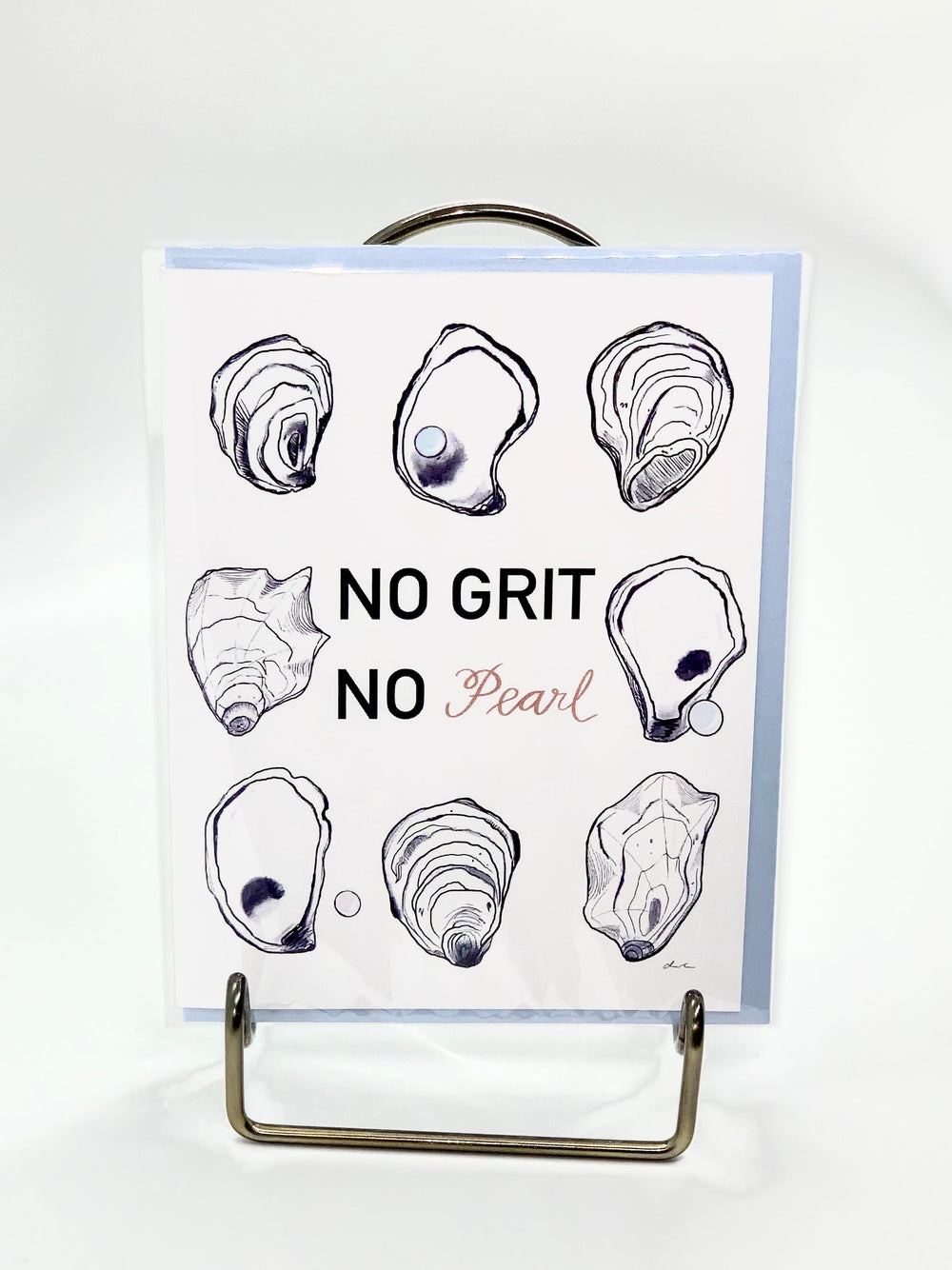 No Grit No Pearl Greeting Card featuring abstract coastal shell artwork by Chelsea Colden, shown flat with envelope on a neutral surface.