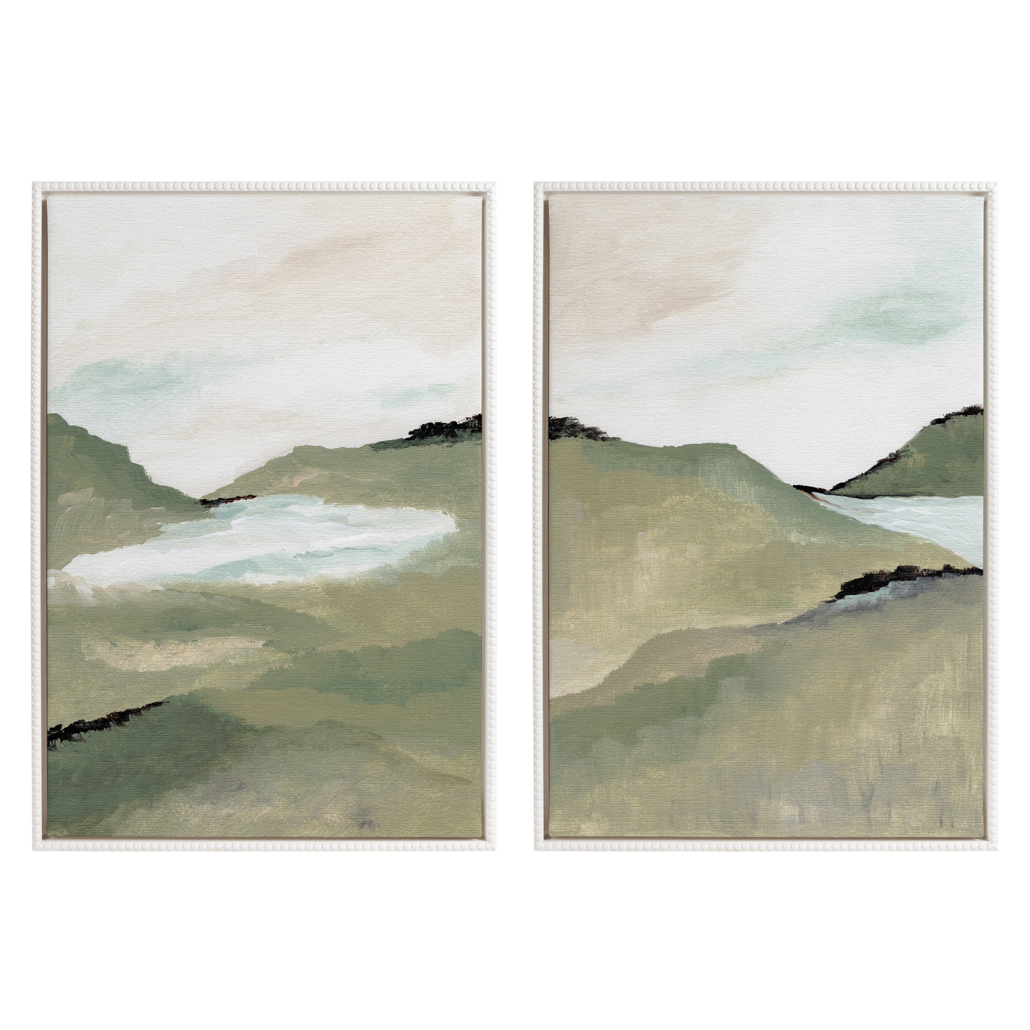 Sylvie Beaded Emerald Alps 1 and 2 framed canvas art set by Nikita Jariwala showing abstract emerald green and white tones in vintage beaded frames