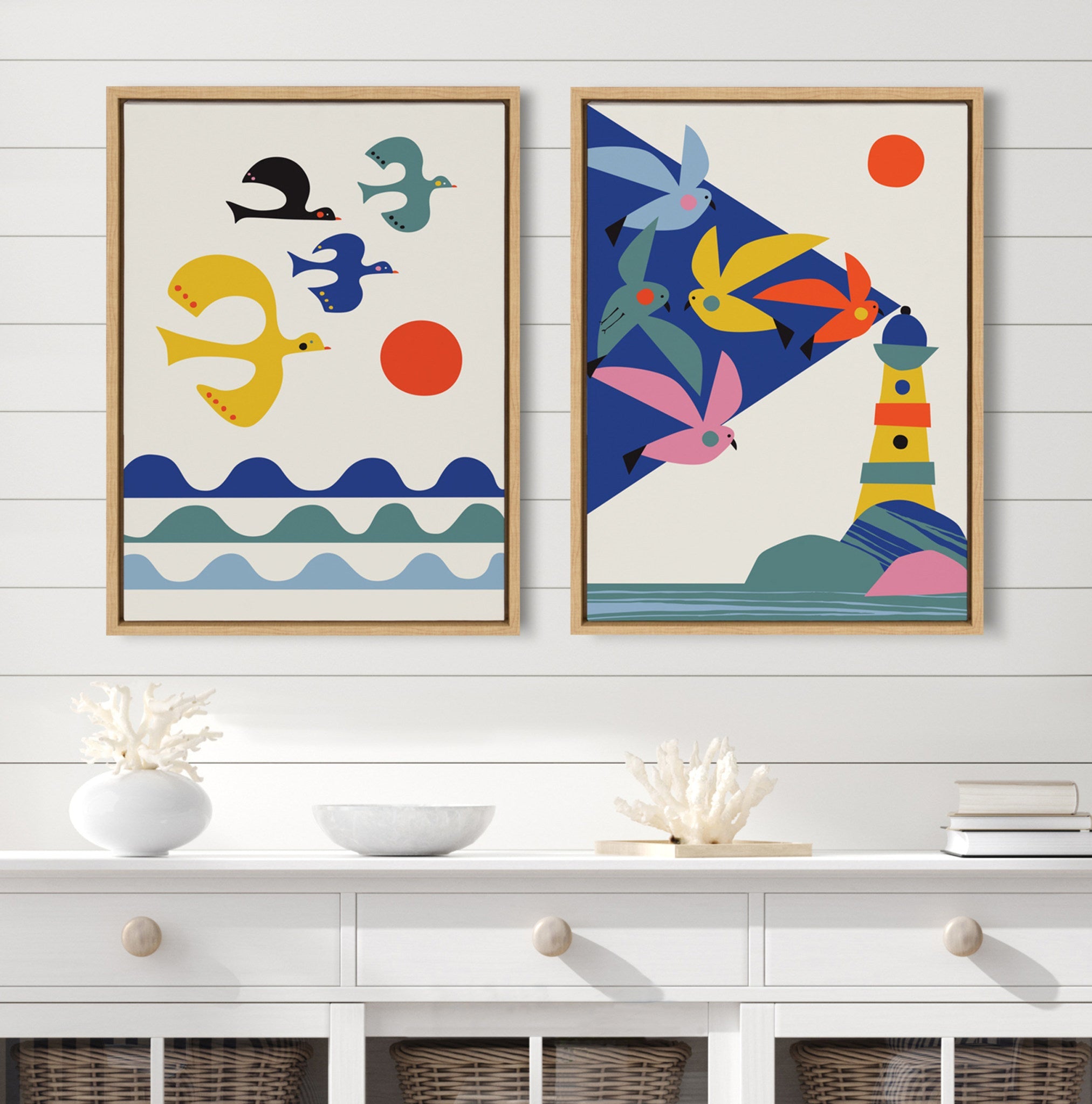 Sylvie Lighthouse Birds and Flock of Birds Framed Canvas Art Set by Rachel Lee