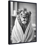 Sylvie Lion black and white framed canvas art depicting a lion in a towel robe