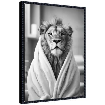 Sylvie Lion black and white framed canvas art depicting a lion in a towel robe