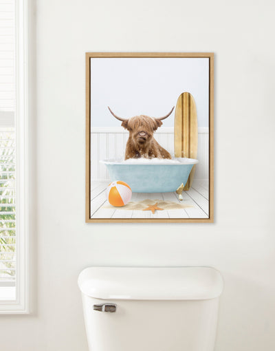 Sylvie Highland Cow Beach House Bath with Surfboard Framed Canvas by Amy Peterson