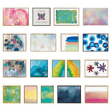 Collection of 16 modern abstract canvases featuring colorful patterns including pastel gradients, butterfly illustration, vibrant brush strokes, and floral designs in varied frames.