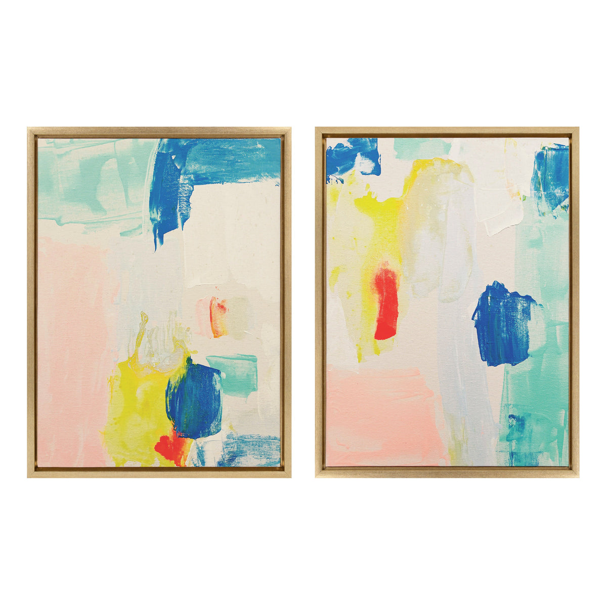Two framed abstract canvas paintings featuring soft pastel hues with bold blue, yellow, and red accents in loose, layered brushstrokes, side by side.