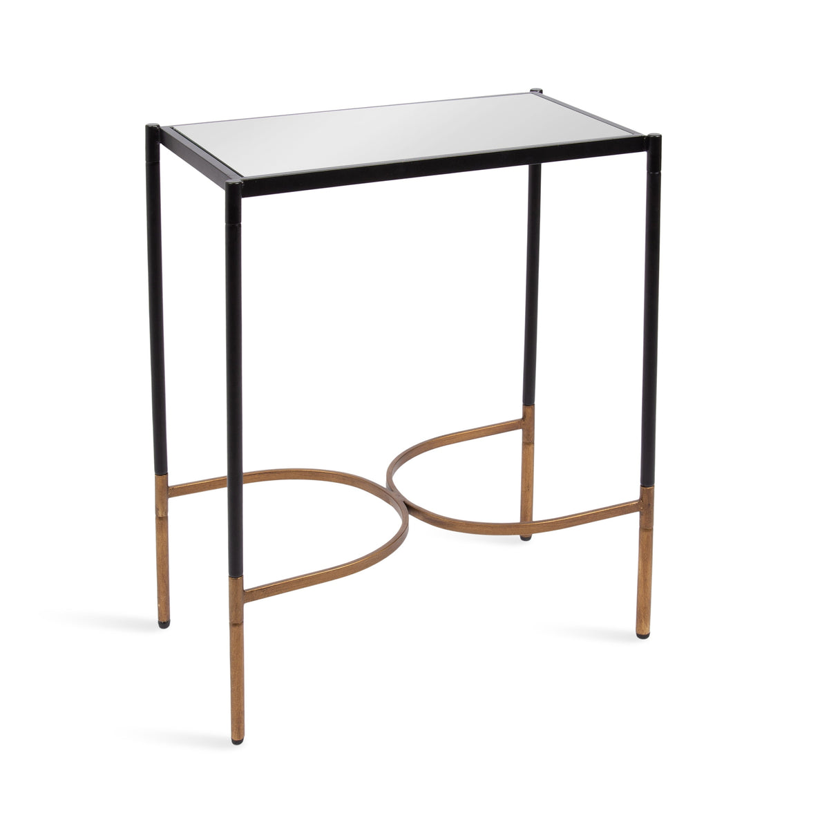 Catriona Side Table with mirrored glass top and geometric iron base in black finish
